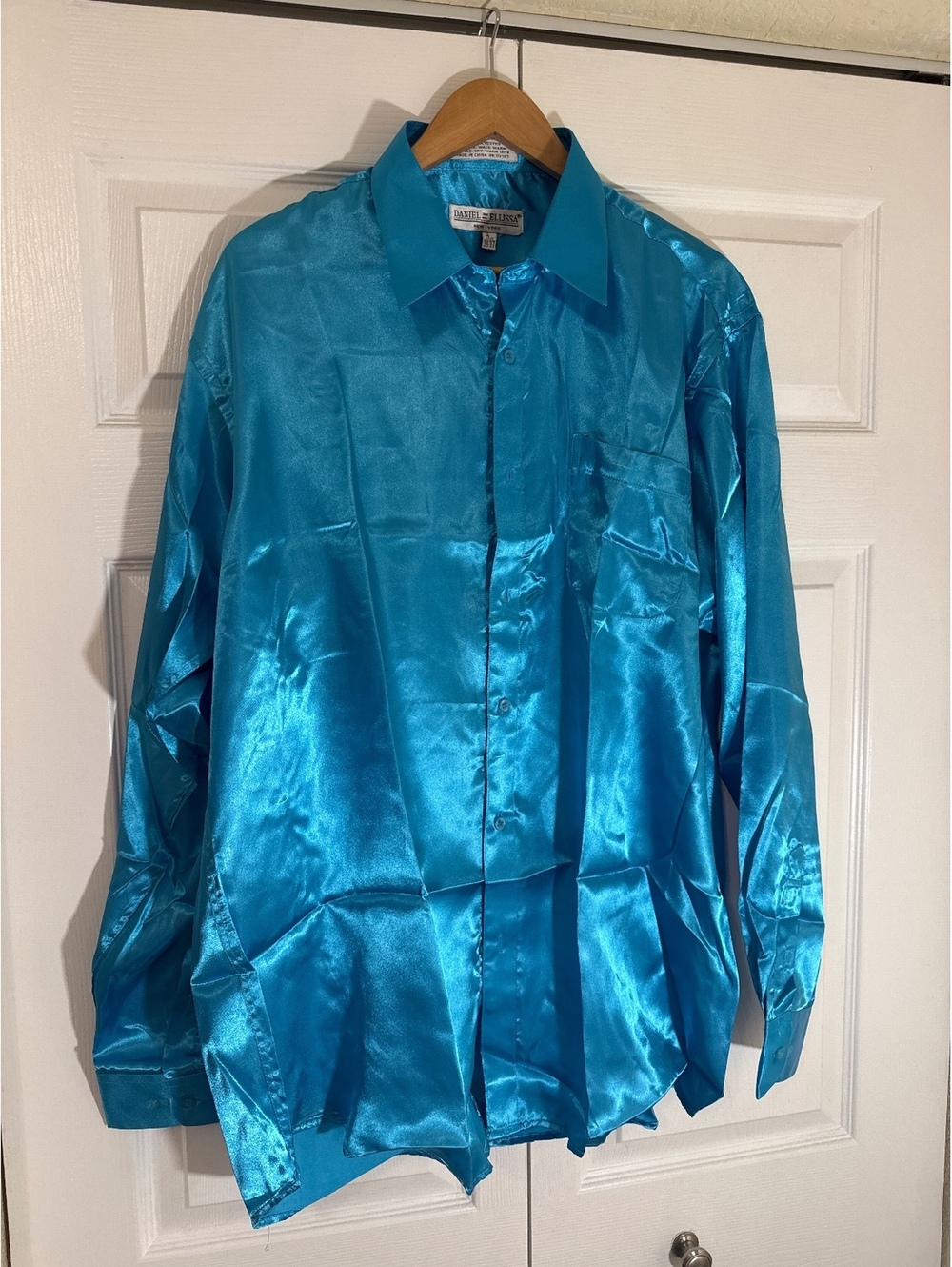 Daniel Ellissa New York Men's Satin Dress Shirt Size 17.5 36/37 Turquoise Blue